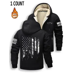 Men's winter hooded jacket with fleece lining, warm and thick zipper hoodie, with printed design, suitable for winter wear, casual daily use, a must-have item for winter