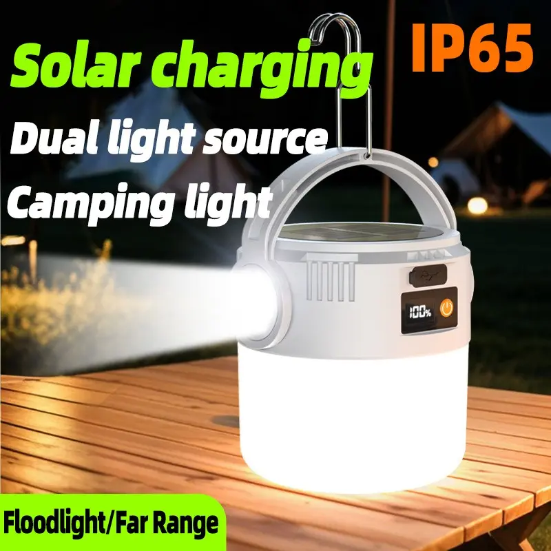 Solar camping portable light, Outdoor camping light, Rechargeable Solar Flashlight, dual light source mode, USB charging, IP65 waterproof, can be hung, battery display, high lumen, multiple lighting modes, suitable for camping, work, and home use