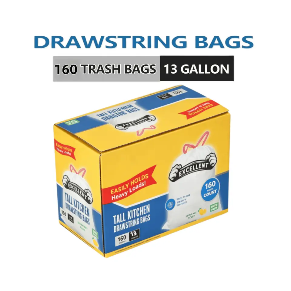 160-Count Plastic Trash Bags Trash Pack, 13gal Household Kitchen Care Supplies, Deodorizing Odor Control, Puncture-Resistant, Non-Tear, Leak-Proof, Easy-Use Drawstring, Safe for Kitchens, Boxed Unscented