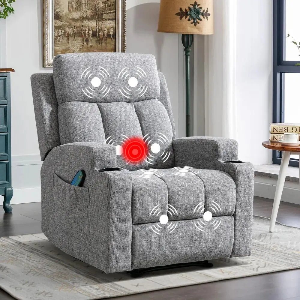 EBELLO 33.5-in Wide Frame Reclining Lounger Chair - Breathable Fabric Manual Recliner with Adjustable Back, Massage, Heat for Sore Spots, 2 Cup Holders, Grey Indoor Upholstered Armchair