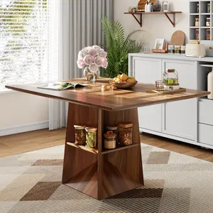Loomie 40"-54" Extendable Square Dining Table, Modern Wood Kitchen Table with Storage Shelf, Seats 4-6-8, Space Saving Design for Dining Room Living Room, Walnut