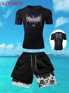 Two-piece Set Men's Skull Wing Print Tee & Shorts Set, Casual Sporty Round Neck Breathable T-shirt & Shorts, Men's Sportswear Set for Gym Workout Running, Gym Outfits, Streetwear Tracksuit Set, Workout Sets