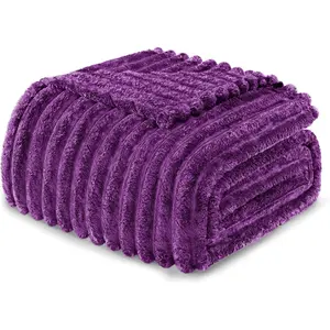 King Size Flannel Fleece Blanket, Super Soft Striped Jacquard Bed Blanket, Lightweight Fuzzy Cozy for All Seasons, 90x104 Inches, Purple