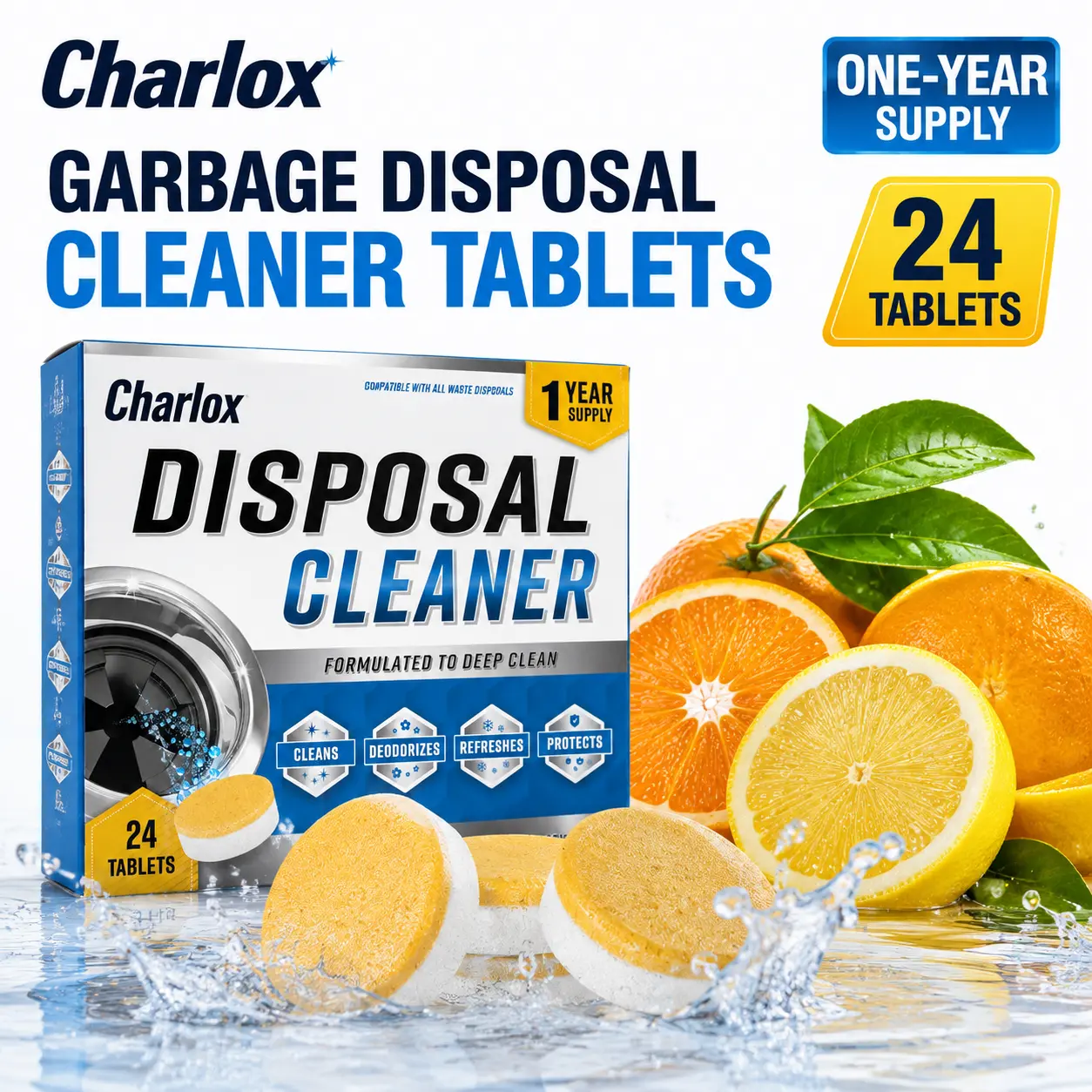 Garbage Disposal Cleaner Deodorizer Tablets - 24 Pack, New Powerful XL Foaming Tablet - Fresh Citrus Foam Sink Garburator Disposer Freshener, Natural Kitchen Drain Cleaning Care - 1 Year Supply