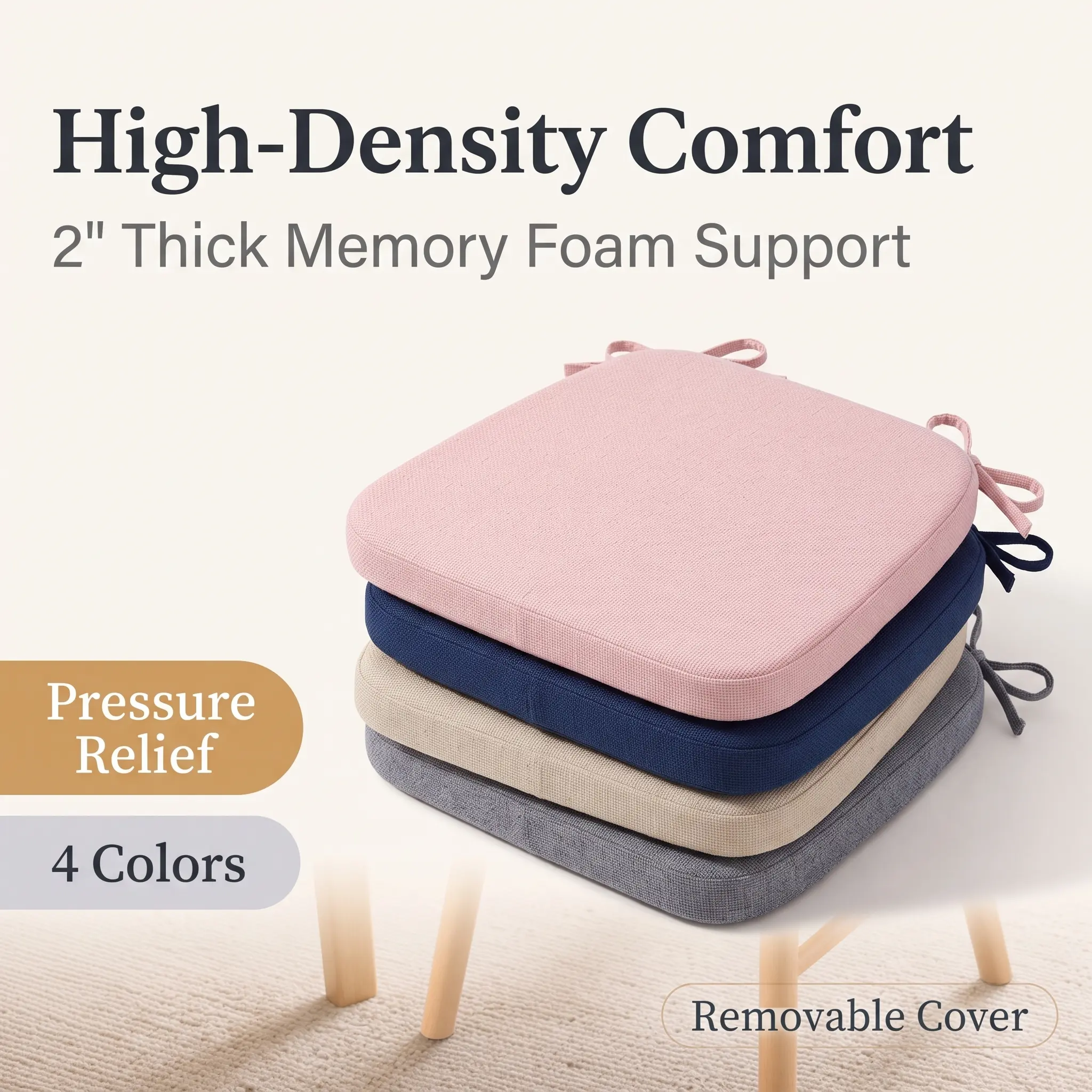 AAAAAcessories D-Shaped Chair Cushions, 2" Thick Dining Chair Pads with Ties and Removable, Machine-Washable Cover, 17" x 16", Brown