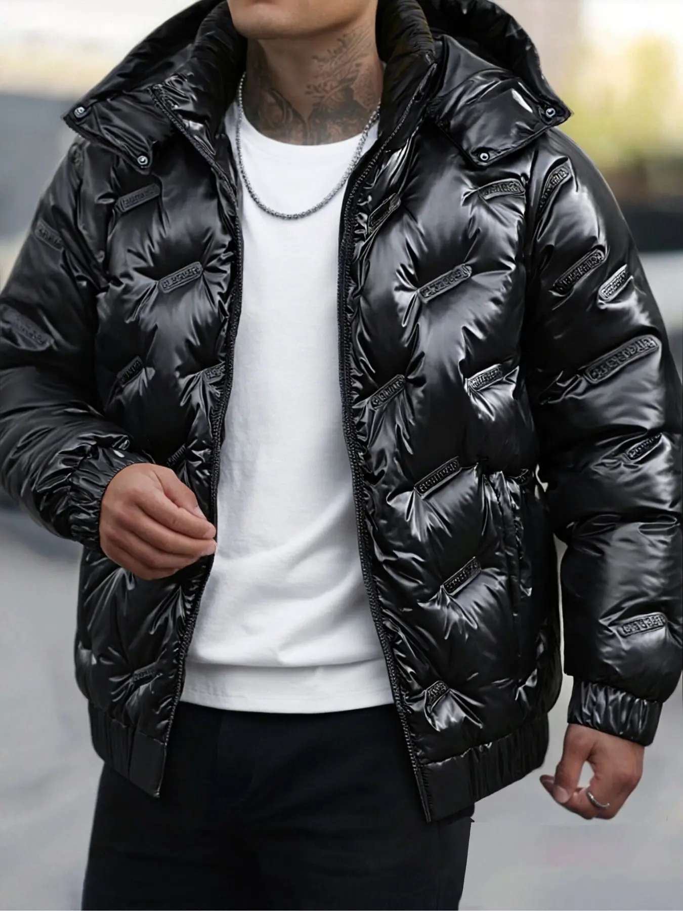 Men's Winter Warm Hooded Casual Long Sleeves Outerwear Jacket, Detachable Hat, Fashion Trendy Loose Fit, Windproof Waterproof Thick Shiny Glossy Cotton Coat Menswear