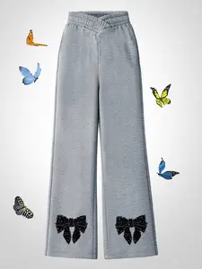 Girls' Casual Wide-Leg Pants - Cotton Blend, Black Rhinestone Bow Print, Elastic Waist, Luxe Princess Style, Soft Fabric, Party & Daily Wear, Machine Washable