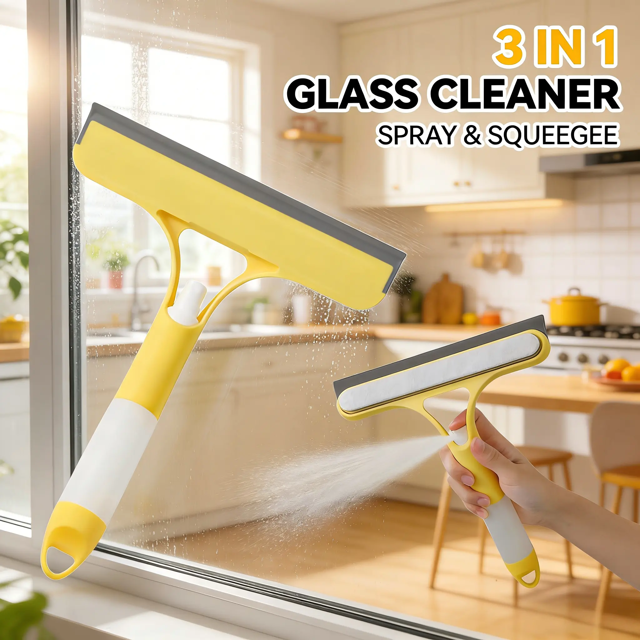 3-in-1 Squeegee Window Cleaning Tool with Handle - Durable PVC, Spray Function, Scraper, Silicone Microfiber Scrubber, Stiff Bristles, Lightweight Multi-Surface Cleaner for Homeowners on Desk, Floor, Sink Surfaces
