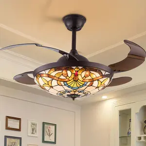 42 Inch Tiffany Ceiling Fan Light LED Chandelier Fan Retractable Blades w/Remote Lamp Indoor