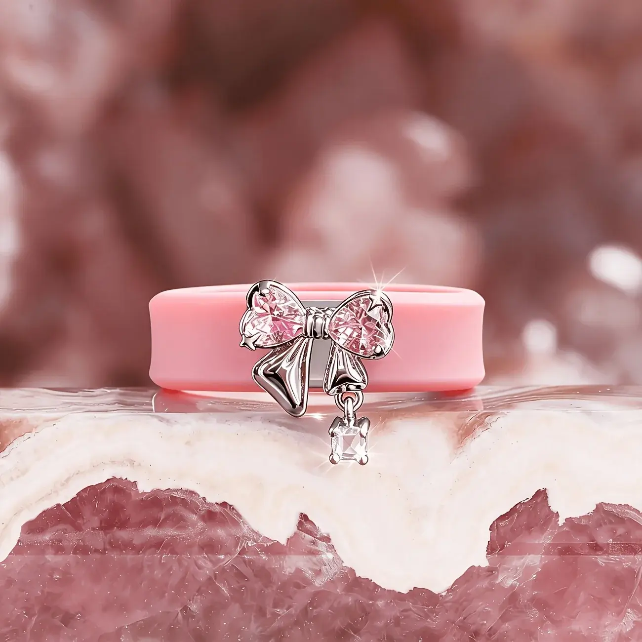 1pc 14K Golden Plated Pink Bow Silicone Ring, Designed Exclusively For Women, Hypoallergenic, Perfect For Everyday Wear, Wedding