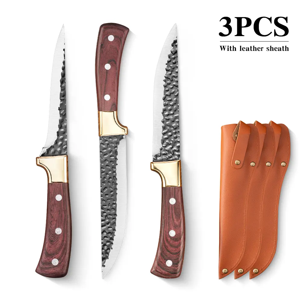 3PCS Premium Kitchenware Knives Set - Hammered Stainless Steel Cooking Knives with Wooden Handles, Leather Sheaths, Ideal for Outdoor Use