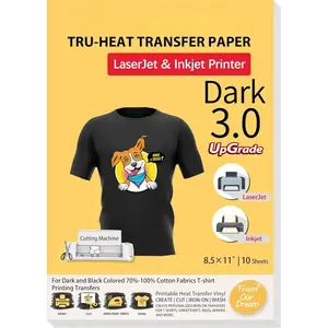 Iron on Heat Transfer Paper for Dark T Shirts (10 Sheets 8.5x11, Dark 3.0) Printable HTV Vinyl for Inkjet & Laserjet Printer, Transfers Paper for Dark Fabric