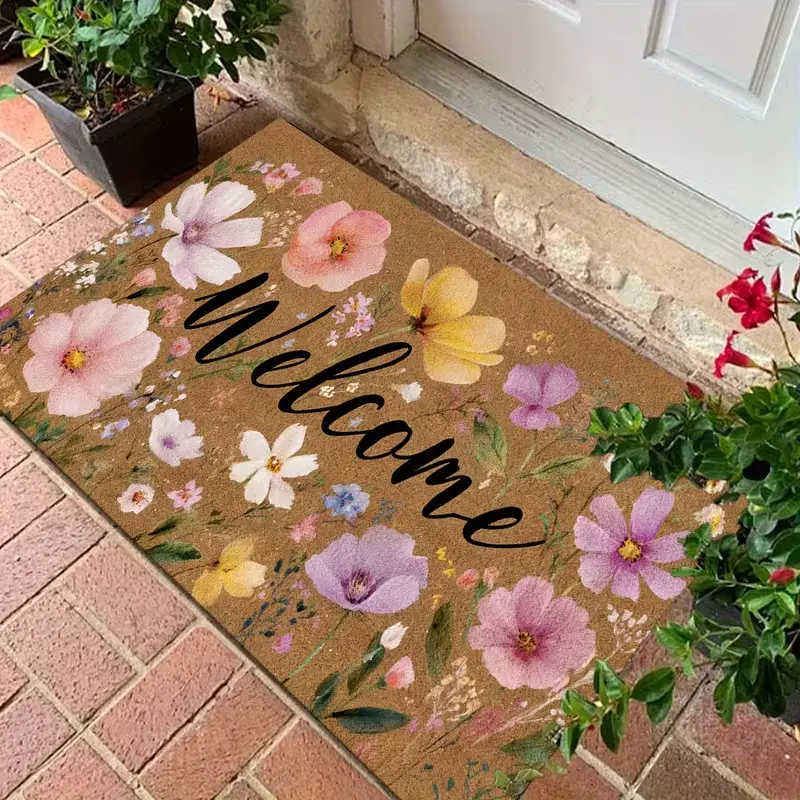 Countryside Style Doormat Featuring Colorful Flowers And a 'Welcome' Slogan, Settings Such As Living Room, Kitchen , Entrance , Bedroom. summerwins