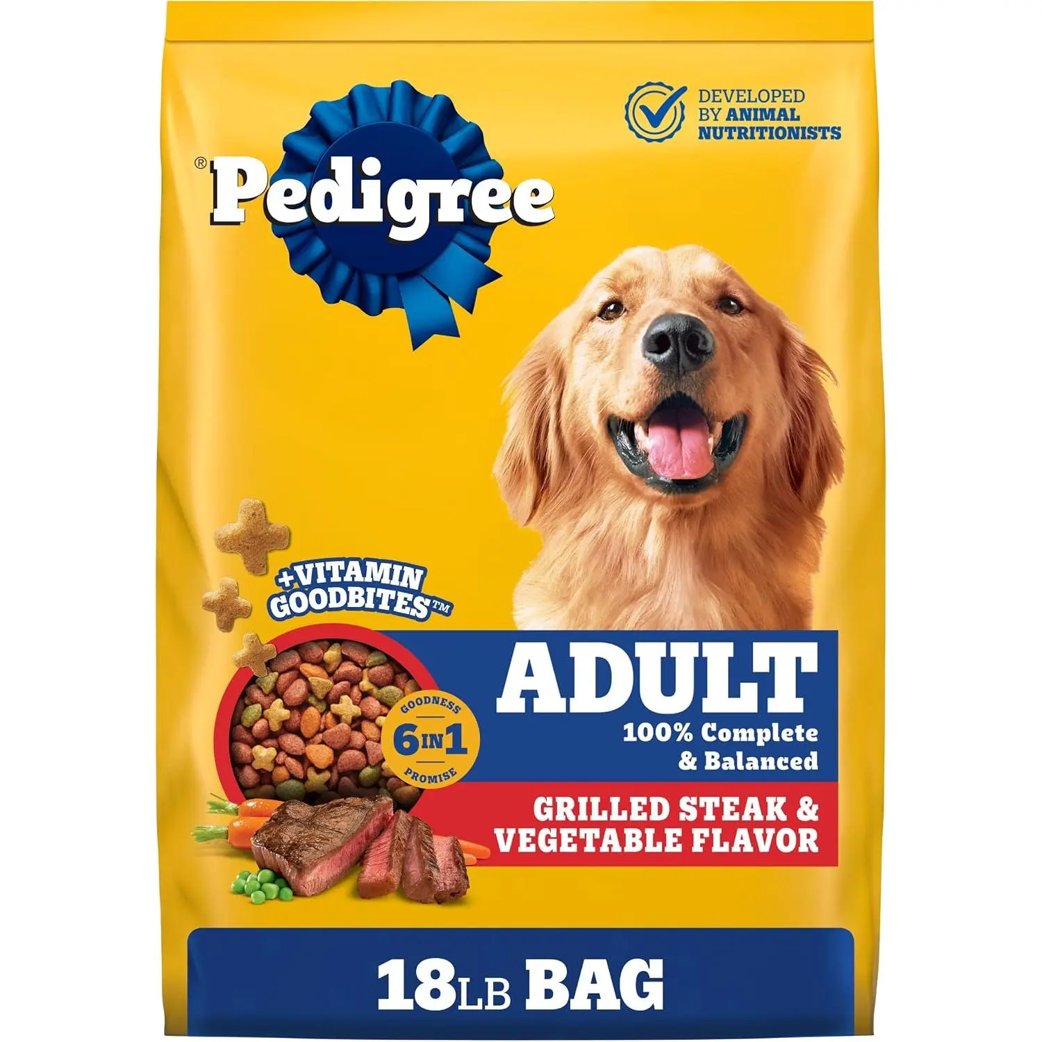 Pedigree Complete Nutrition Dry Dog Food, Steak & Vegetable, 18 lb | Nutrient boost, prebiotic fibers, 36 vitamins & minerals, Omega 6 & Zinc, natural flavors, supports skin & coat