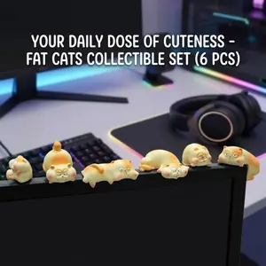 Funny Fat Cat Monitor Sitter Set - 6Pcs Cute Chubby Kitty Computer Topper, Desktop Ornament for Office Desk Decor, Stress Relief Gift for Cat Lovers & Coworkers