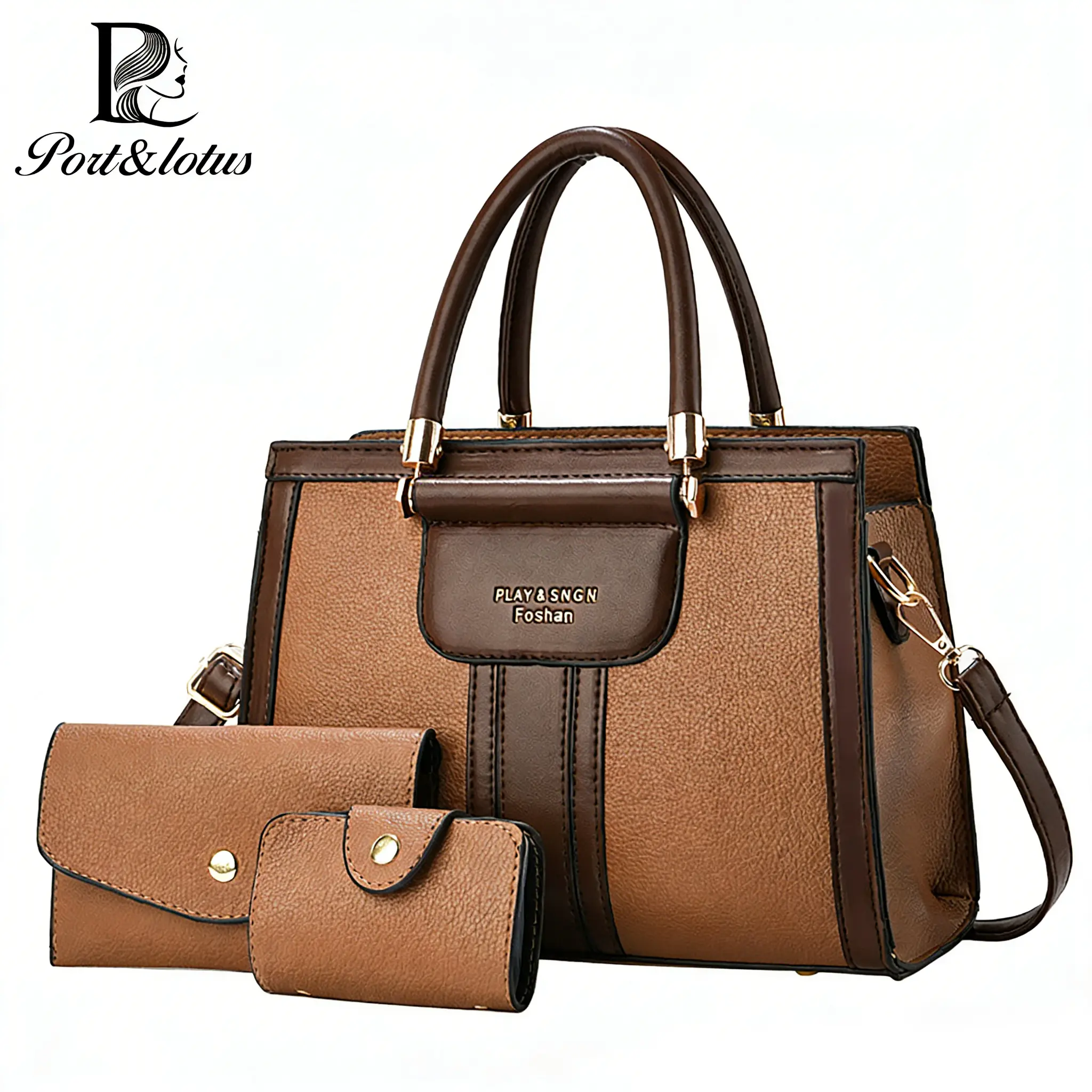 PORT&LOTUS Women's Stylish PU Leather Satchel, Medium Capacity 3-Piece Top-Handle Bag Set with Wallet and Card Holder, Everyday Bag