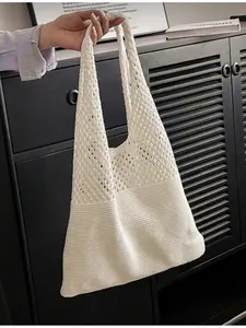 Handmade Crochet Knit Large Capacity Tote Bag Casual Daily Storage Shoulder Bag Travel Essential Perfect Match with Crochet Set Vacation Necessities Ideal for Summer Holiday Beach