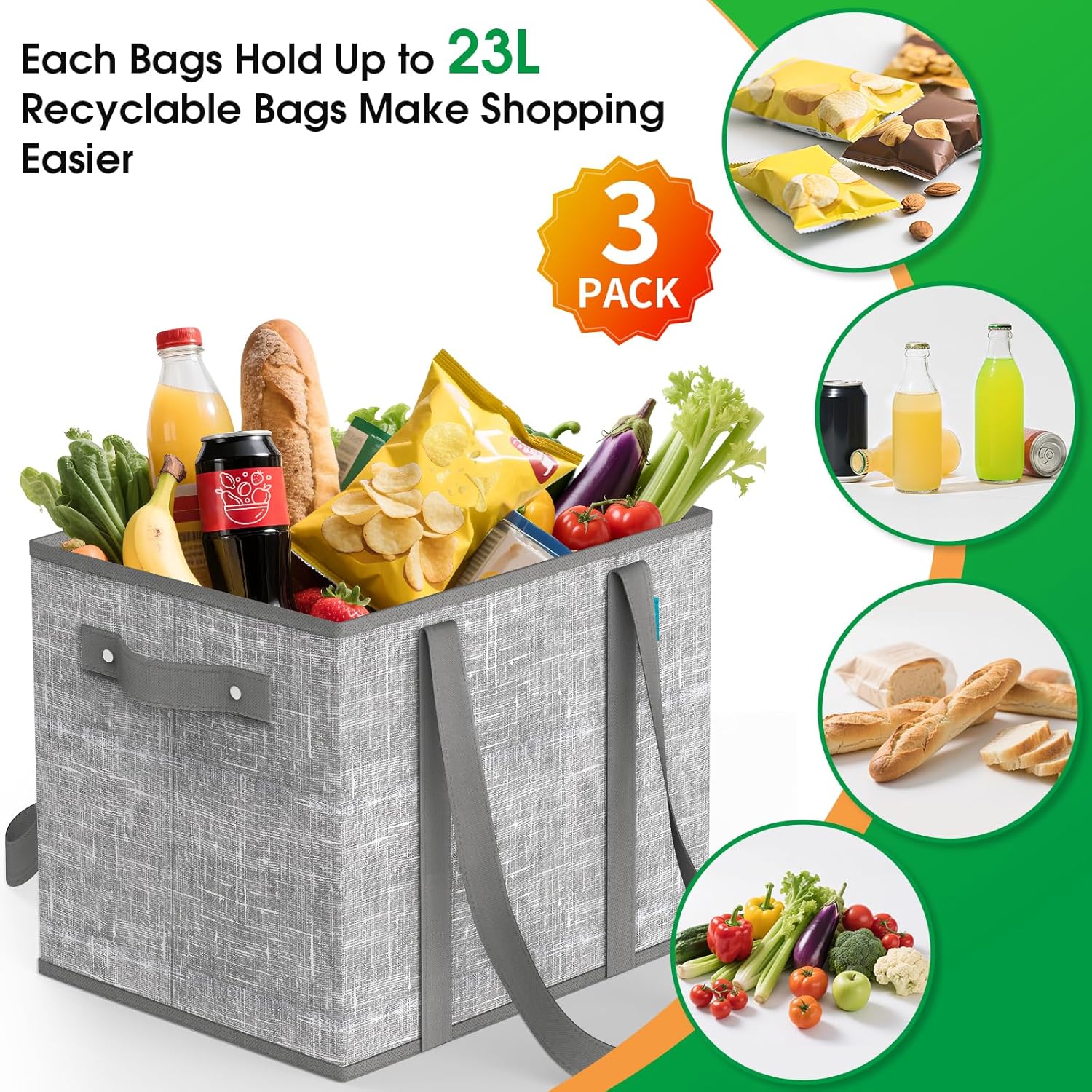 Reusable Grocery Bags, Large Foldable Shopping Tote Bags with Reinforced Handles & Hard Bottom, 3 Pack