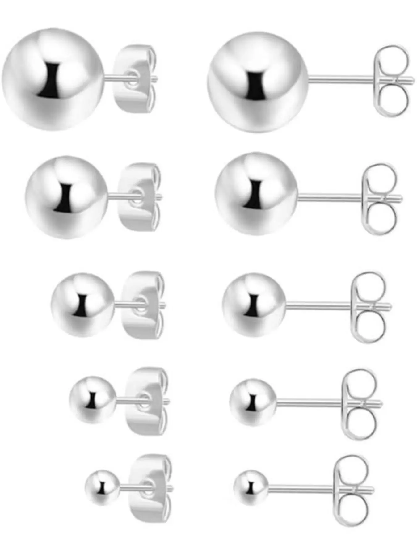 Women's Small Silver Color Hypoallergenic Round Ball Earrings, Multi-Piercing, Cute Ear Studs Set, Stud Earring Jewelry, 3mm-7mm, All Seasons, Circle Shape Earrings, Fine Studs
