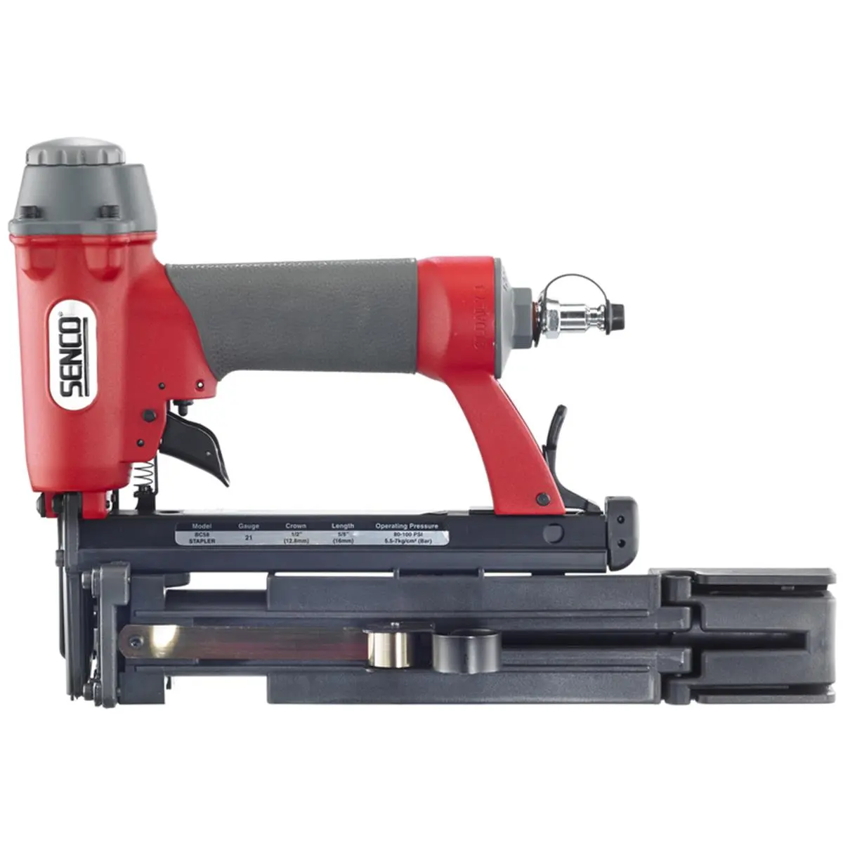 Senco BC58 Button Cap Stapler, 21-Gauge Pneumatic Power Tool, 1/2 in. Crown for 1 in. Caps and 5/8 in. Staples, Glue Collation, 110-Fastener Magazine, Power Tools, 21 Ga., 60 Psi, High Capacity, Stapling, Pressure, 7.6 Lbs, Cap Fasteners