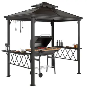 Outsunny 9x5 ft. Hardtop Grill Gazebo with 2-Tier Polycarbonate Sunshade Canopy, Shelves, Serving Tables & Hooks, for Backyard, Patio