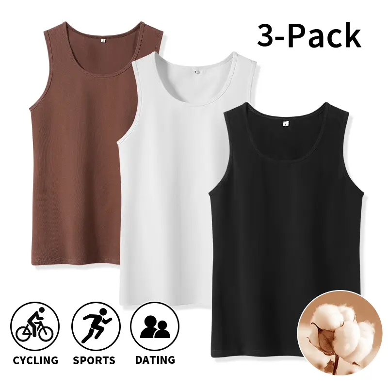 3-Pack Men’s Pure Cotton Athletic Tank Tops – Solid Black/White, Sleeveless Workout Shirts, U-Neck, Breathable Undershirts for Running, Cycling, Gym, and Everyday Wear