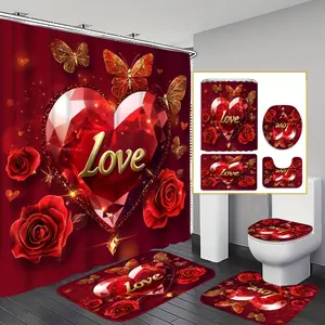 1/4pcs Romantic Love Shower Curtain Set with & Toilet Lid Cover - Red & Golden Heart Design, 12 Hooks, 70.87x70.87inch, Polyester, All-Season Bathroom Decorations, Bathroom Accessory, Valentine'S Day Gift, Includes Matching Shower Curtain and Toilet
