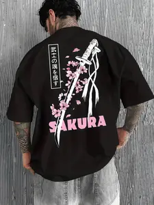 Men's Fashion Classic Japanese Samurai Sword & Cherry Blossom Print Fitted T-Shirt, Summer Round Neck Short Sleeve Casual Top for Outdoor Wear