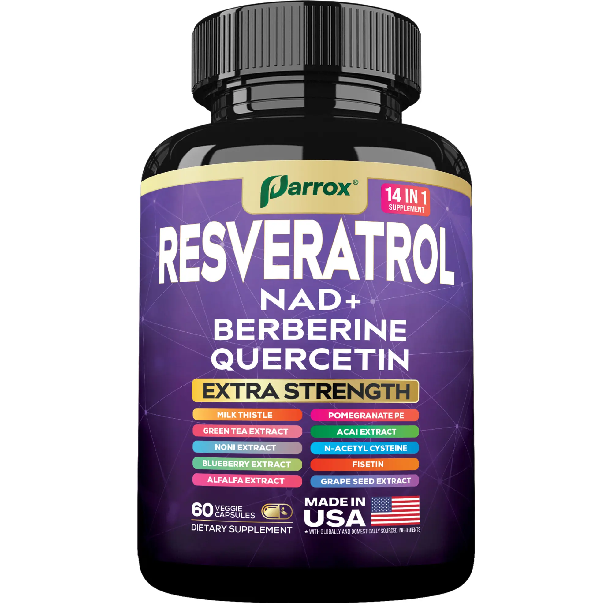 PARROX Resveratrol Supplement - 14 in 1 Dietary Supplement for Anti-Aging Support with NAD+, Berberine, & More - Made in USA - 60 Capsules