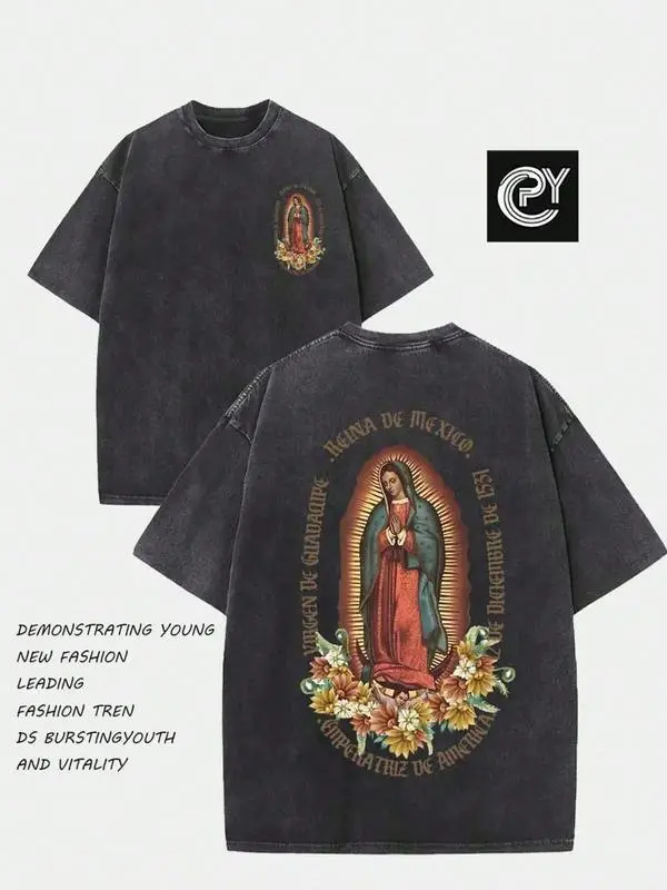 230G Washed Pure Cotton T-Shirt, Men'S Casual Fashion, With Dark 'VIRGEN DE GUADALUPE' And Religious Figure Prints, Outdoor Sports T-Shirt |   Loose Fit |   Soft Knitted T-Shirt Cotton Crewneck T-Shirts Streetwear Distressed