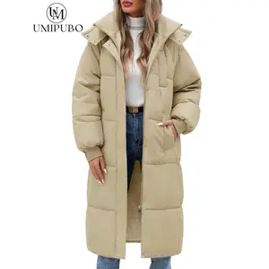 Women's long quilted jacket, winter thick warm down jacket, fashionable hooded zipper parka coat with pocketsGift
