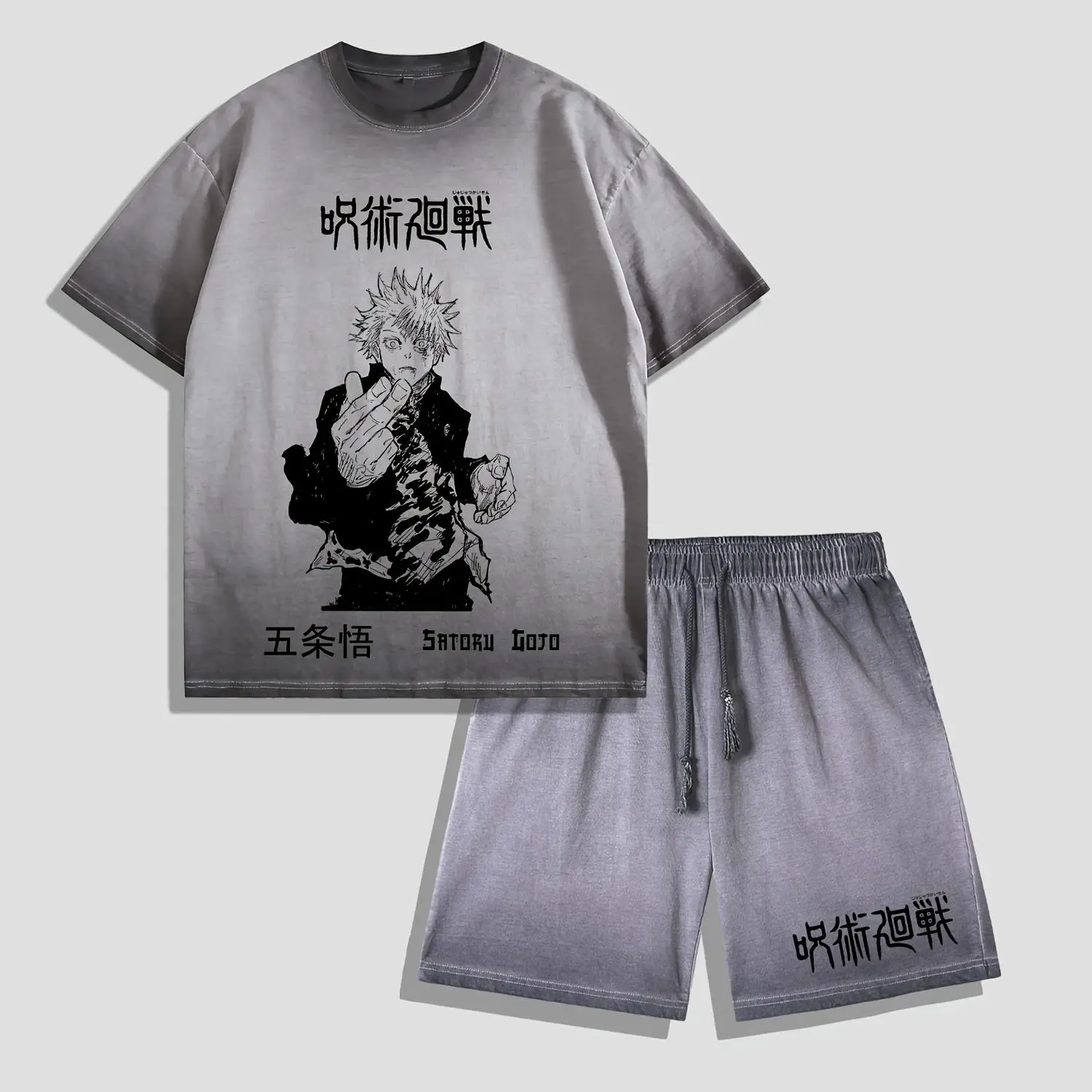 Men's Fitted Cotton T-Shirt & Shorts Set, 2-Piece Vintage Jujutsu Kaisen Satoru Gojo Figure Graphic Outfit for Casual Sports