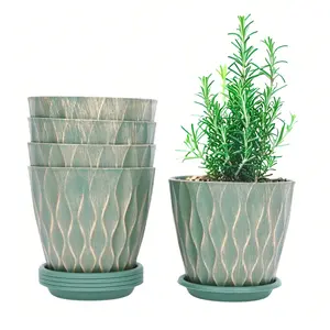 3PCS/6PCS, 6-Inch Wave Design Plant Pots in Green Gold with Drainage Holes and Trays - Perfect for Indoor & Outdoor Succulents, Herbs, and Flowers, Planter Pots