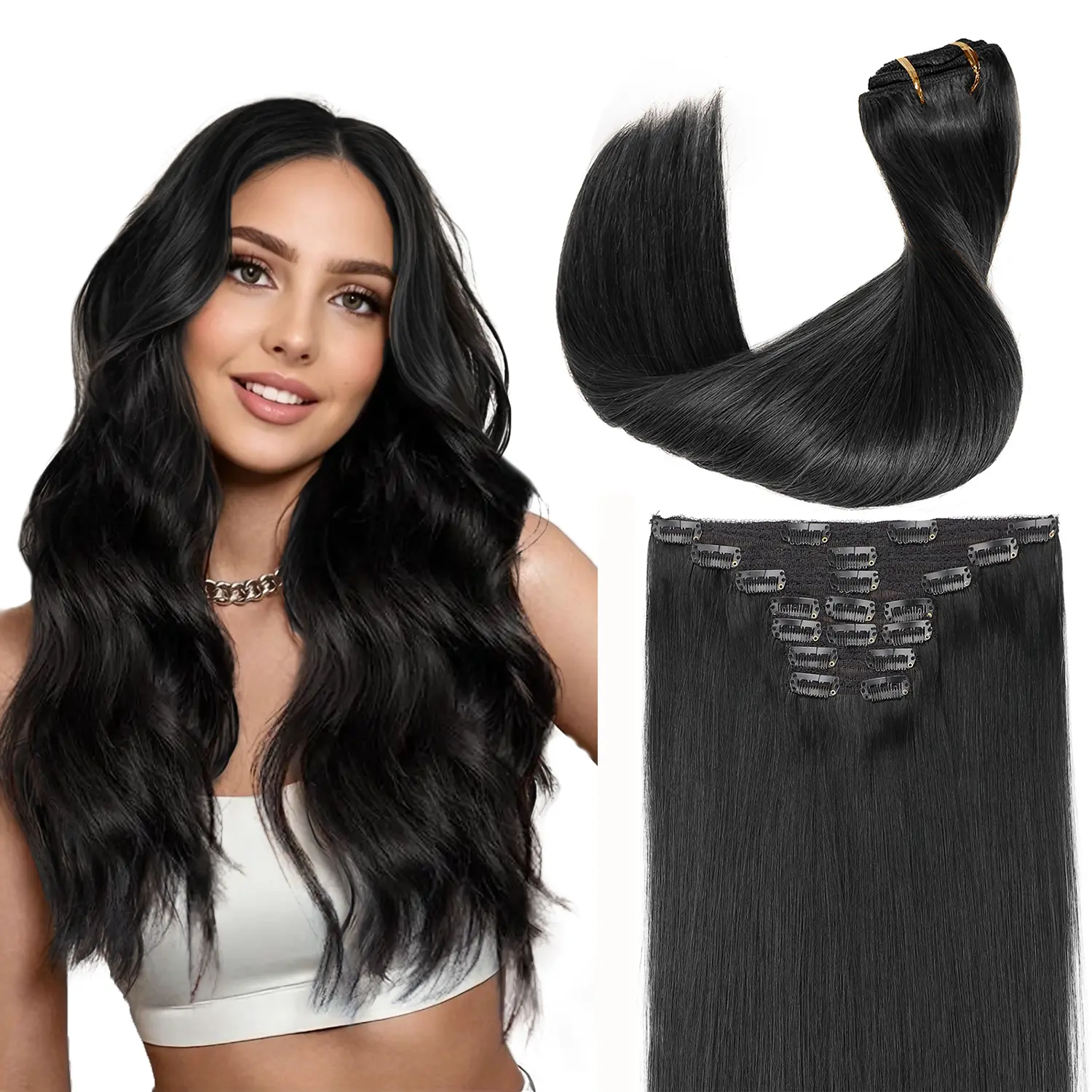[Kookastyle]Hair Extensions  Clip in  Human Hair Nature Straight 18 Inch Nature Black Clip-in Hair Extensions - 7pcs 120g, Soft & Silky Straight Extensions for Everyday Use, Perfect for Fashionable Women Hairstyle