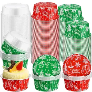 Christmas Aluminum Foil Baking Cups with Lids, 5oz Disposable Ramekin Mini Muffin Liner Tins Snowflake Snowman Christmas Tree Cupcake Containers for Holiday Party Supplies