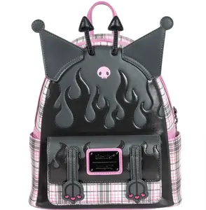 Sanrio Kuromi Flames and Plaid Mini-Backpack - Entertainment Earth Exclusive with Pink Plaid Design and Skull Accents