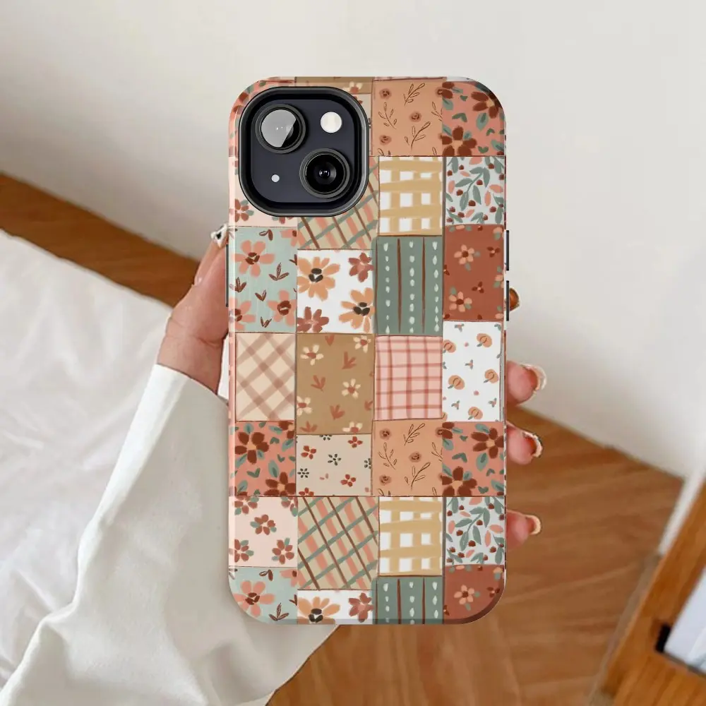 Durable Shockproof 2-in-1 Cellphone Casing - Glossy Patchwork Floral & Checkered Pattern, Protective Cover for iPhone 11,12,13,14,15,17 & Samsung Devices, Holiday Gift Idea