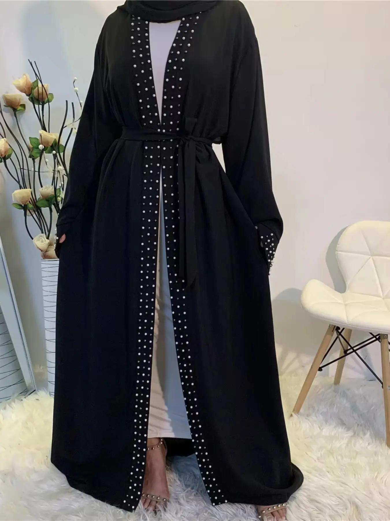 Women's Ramadan Beaded Accents Long Tie Front Fashion Cardigan, Casual Long Sleeve Loose Fit, Middle Eastern Style, Perfect for Daily Wear and Festive Occasions