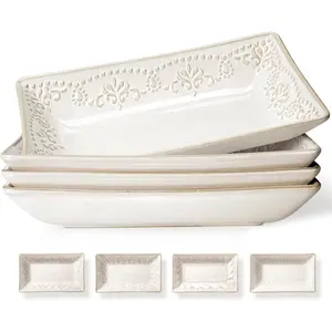 9.85" Ceramic Rectangle Plates Set of 4 - Deep Lipped Edges, Appetizer Salad Sushi Pasta Dessert Plates, Microwave/Oven Safe, Cute Kitchen Dinner Restaurant Serving Dishes (Multiple Patterns)