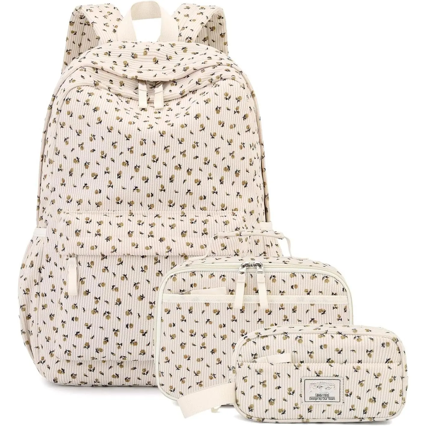Backpack for Girls Boy Teen Corduroy Bookbags Elementary Middle High School Women Laptop Bag with Lunch Box Pencil Bag (Flower Beige)