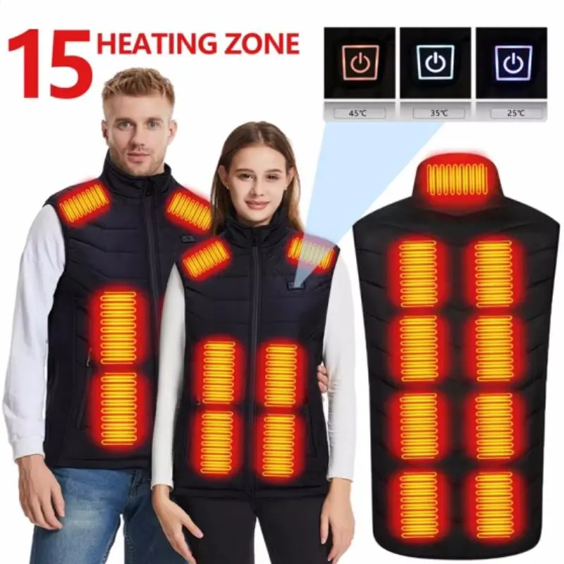 Men's Unisex 15-Zone Electric Heated Intelligence Vest - Sleeveless Water-Resistant Polyester Gilet, 3-Level USB Heat Control, Keep Warm, Basic Casual, Washable, Anti-Water Splashing, Do Not Wring, Sizes L, 2Xl, 3Xl, 7Xl