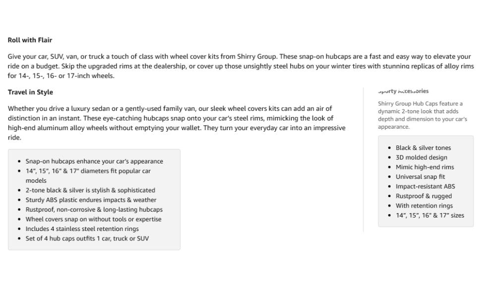 Universal Wheel Covers Set of 4, Snap-On Hubcaps for Steel Rims, Car Wheel Rim Covers Black and Silver