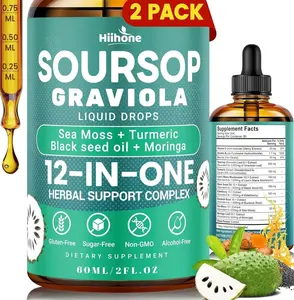 HIIHONE (2 Pack 12 in 1 Soursop Bitters Liquid Drops with Sea Moss, Moringa, Turmeric, Black Seed Oil for Immune, Digestive & Antioxidant Support, 2 Fl Oz