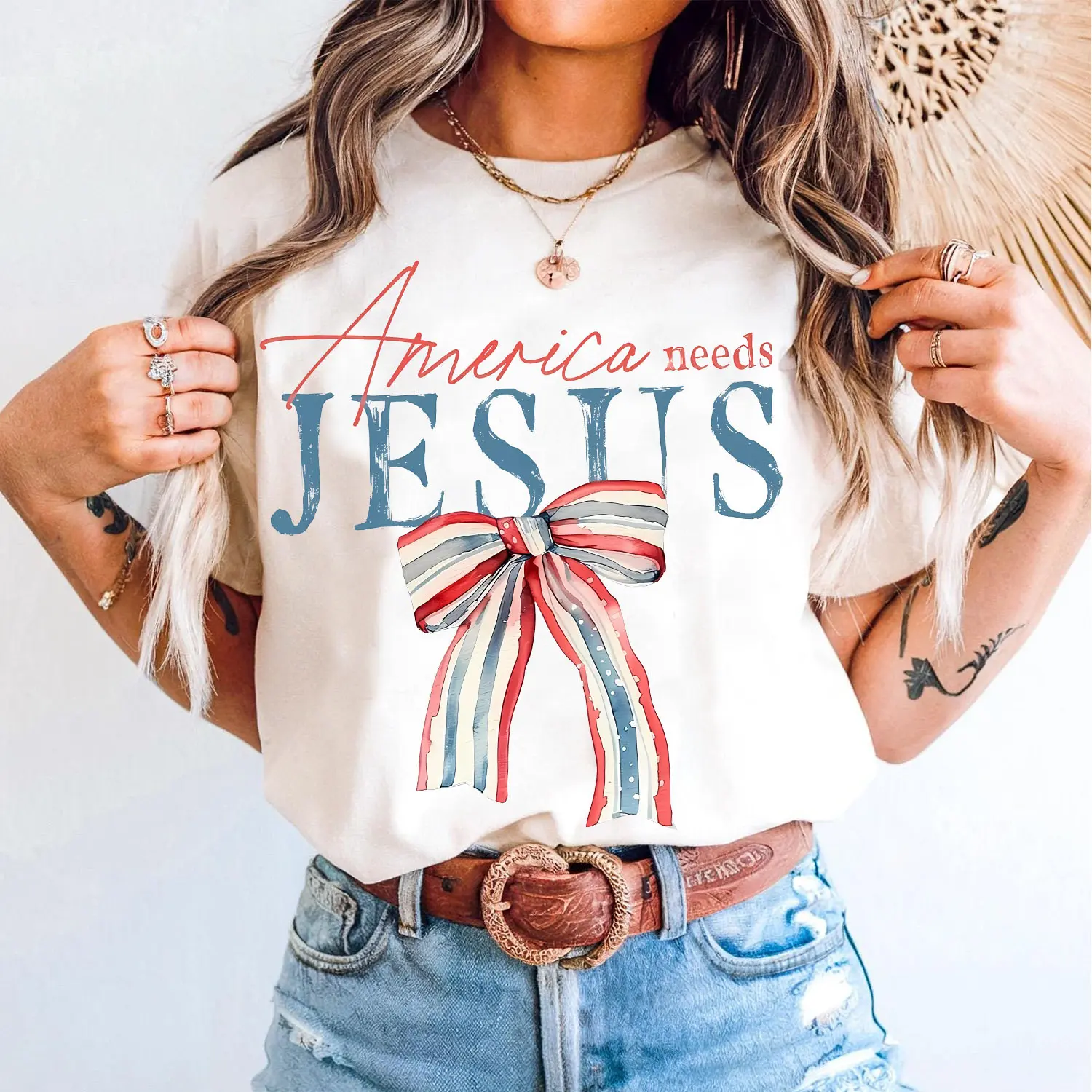 America Needs Jesus Coquette Bow Watercolor Tee Unisex Cotton Round Neck Shirt for Men and Women, Full Sizes, Patriotic Print, Womenswear Comfort Top