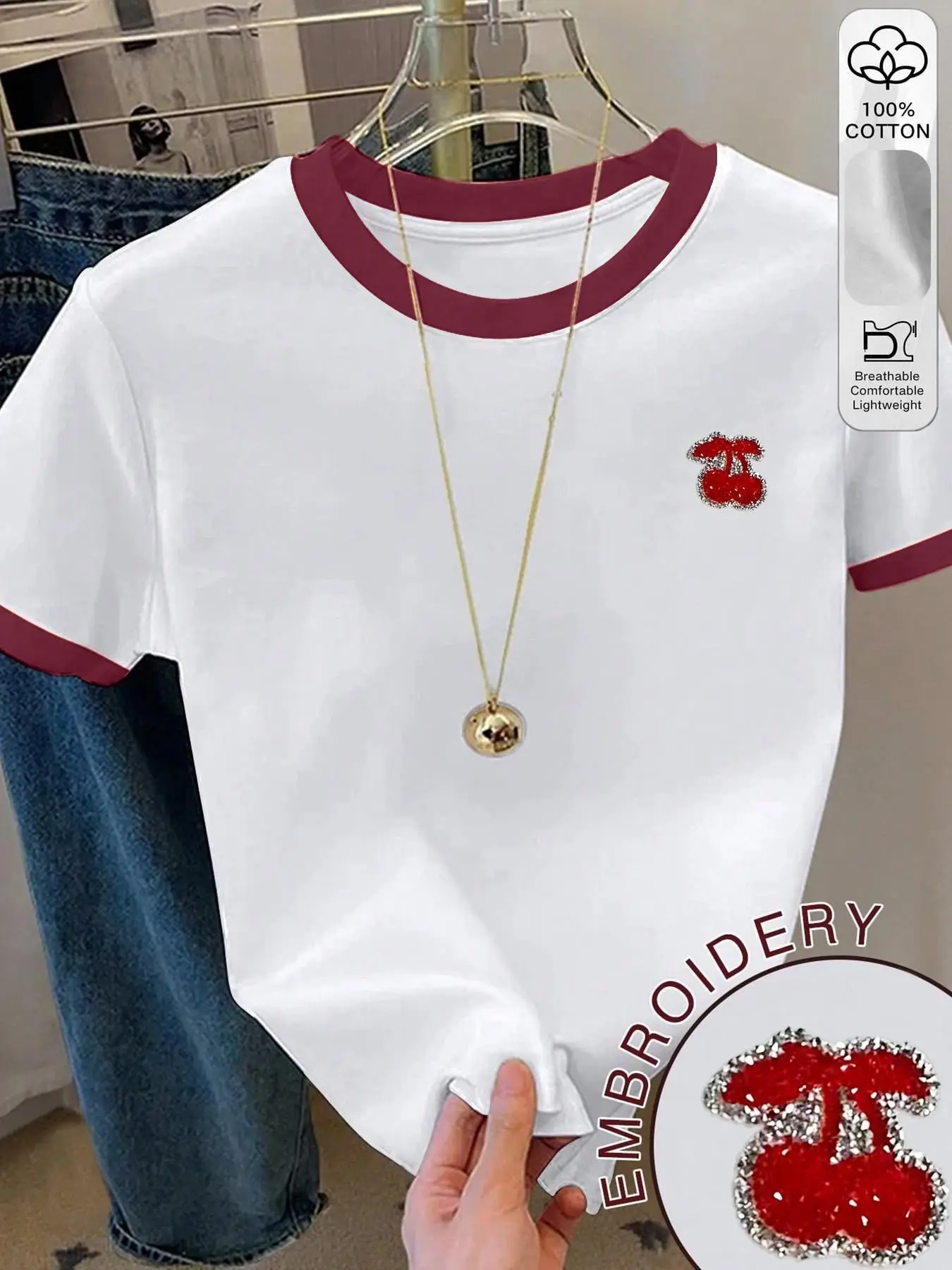 Women's Cotton Patchwork Cherry Pattern Short Sleeve Round Neck T-Shirt, Embroidered Casual Top, Retro Style, Loose-Fitting