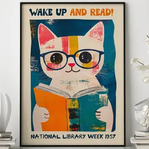 Cat Reading Poster, Wake Up and Read, National Library Wall Art, Cute Cat Print, Wall Decor, Reading Art Print Poster No Frame