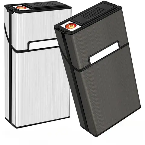 Aluminium Alloy 2-in-1 Metal Storage Case with Built-in USB-Rechargeable Flameless Electronic Lighter, Extra-Large 100s 100mm ABS-Part Portable Home Supplies, Lighter Accessories Gift