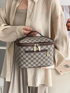 Women's PU Dot Print Handbag, Large Capacity Makeup Bag, Cosmetics Bag, Travel Makeup Pouch, Zippered Compartments, Fashionable and Portable, Ideal for Travel and Gifts