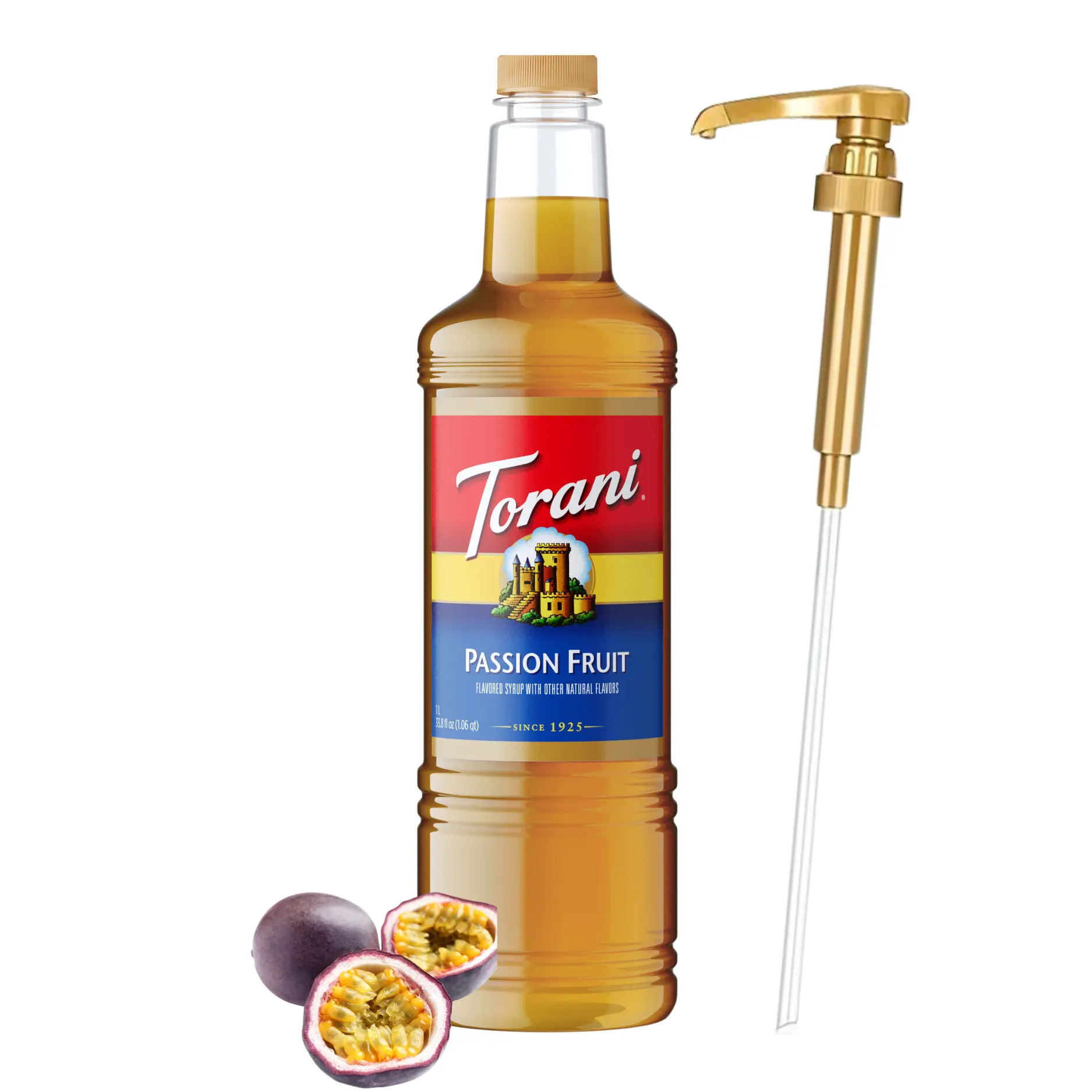 Torani Passion Fruit Syrup, 1L Bottle with Pump - Pure Cane Sugar Beverage for Cocktails, Iced Drinks - Mess-Free Dispensing for Home, Cafe Creations