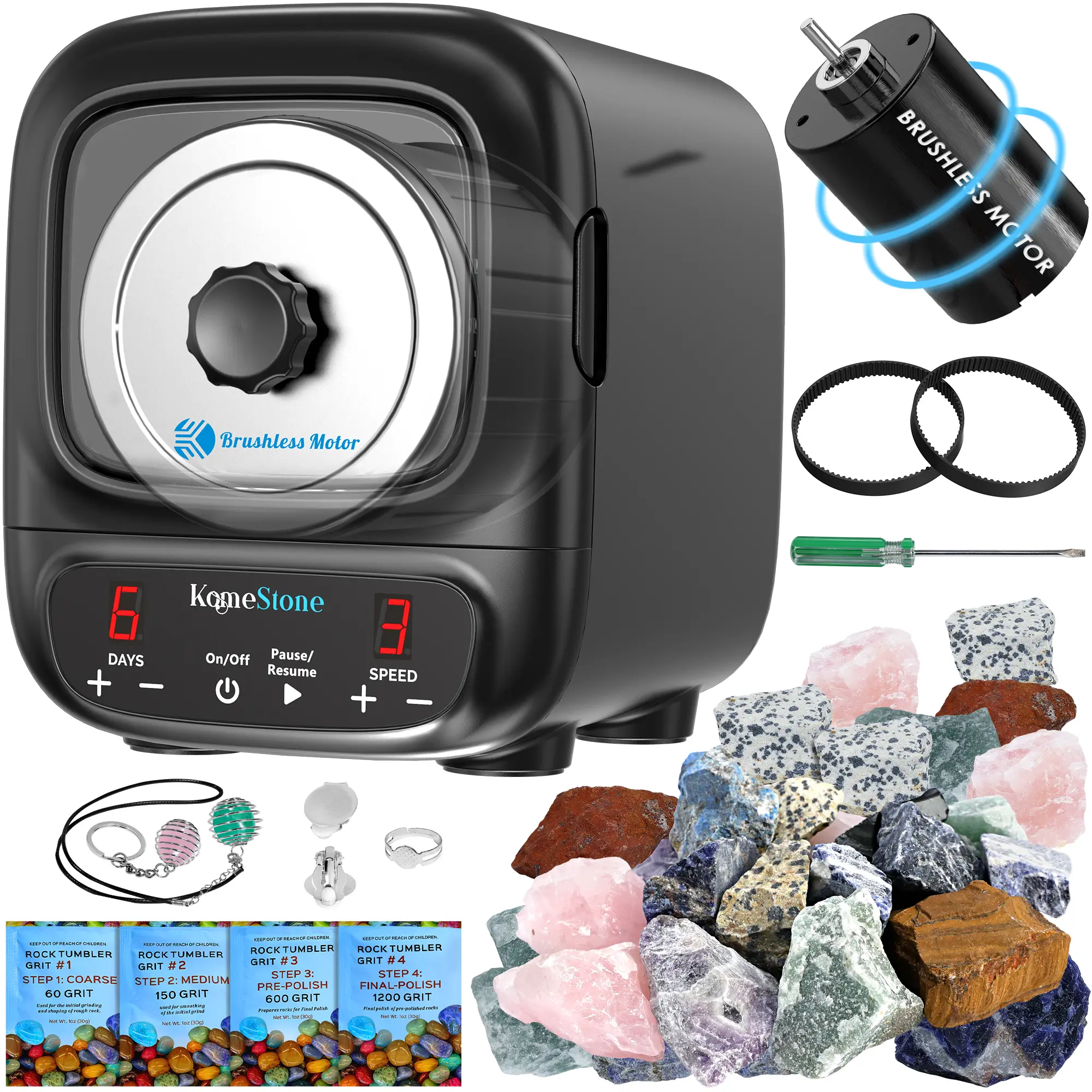 KomeStone K2 Elite Professional Rock Tumbler Kit, Ultra Quiet & Cutting Edge Brushless Motor Rock Tumbler for Adults & Rock Collector, Noise-Reduction, Extra Large 3 Lbs Barrel, STEM Gift for All Age